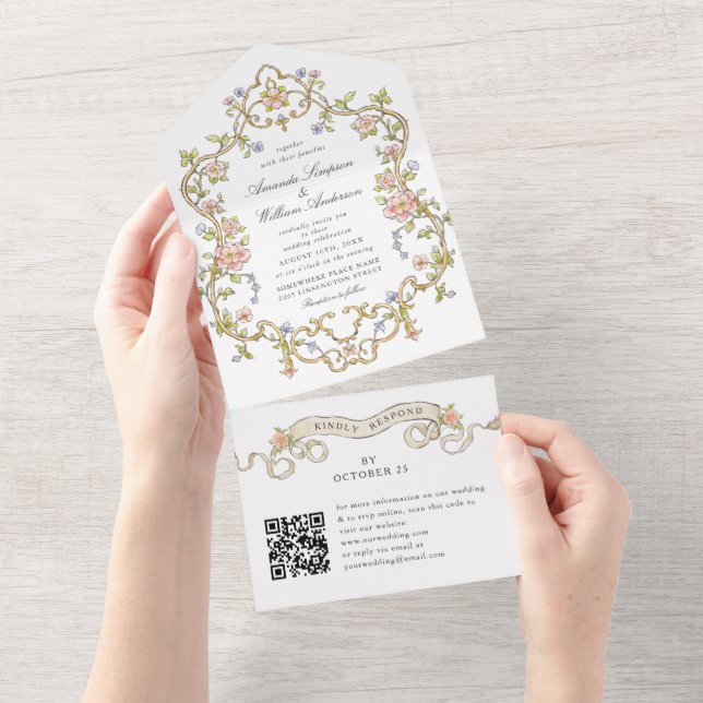 Victorian Ornate Grace Floral Wedding QR code All In One Invitation (Tearaway)