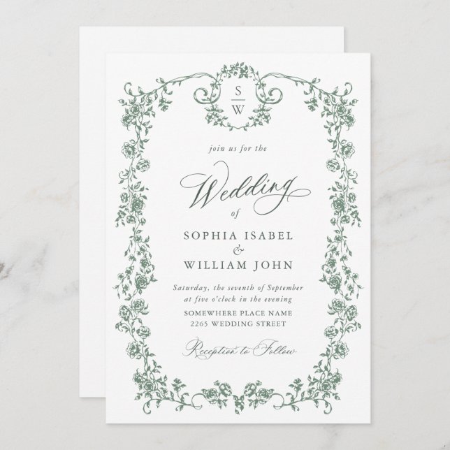 Victorian Ornate Grace Floral Wedding QR code Invitation (Front/Back)