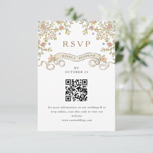 Victorian Ornate Grace Floral Wedding RSVP QR code Card (Standing Front)