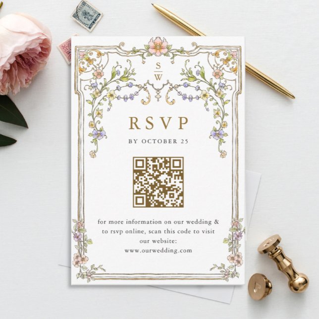 Victorian Ornate Grace Floral Wedding RSVP QR code Card (Creator Uploaded)