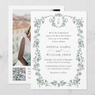 Victorian Ornate Grace Green Photo QR code Wedding Invitation