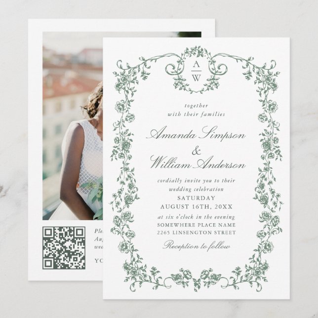 Victorian Ornate Grace Green Photo QR code Wedding Invitation (Front/Back)