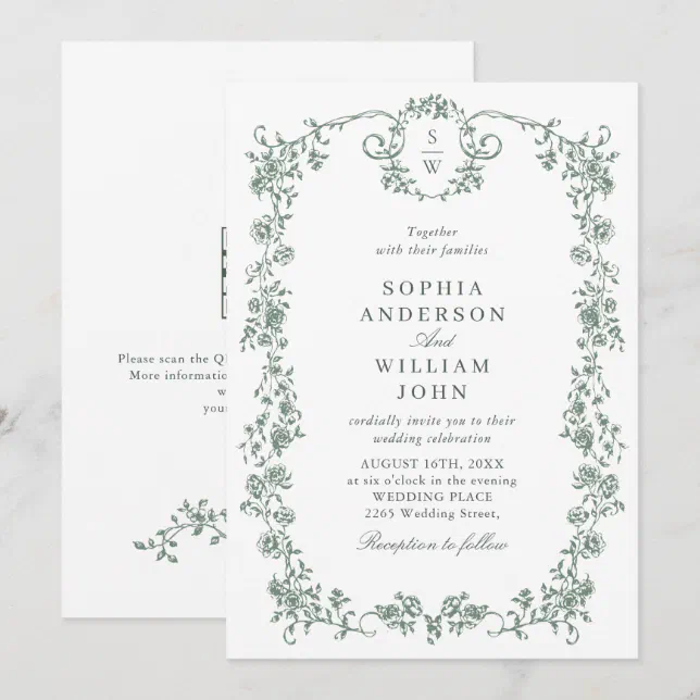 Victorian Ornate Grace Green QR code Wedding Invitation | Zazzle