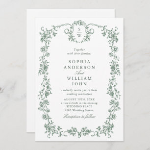 Victorian Ornate Grace Green QR code Wedding Invitation