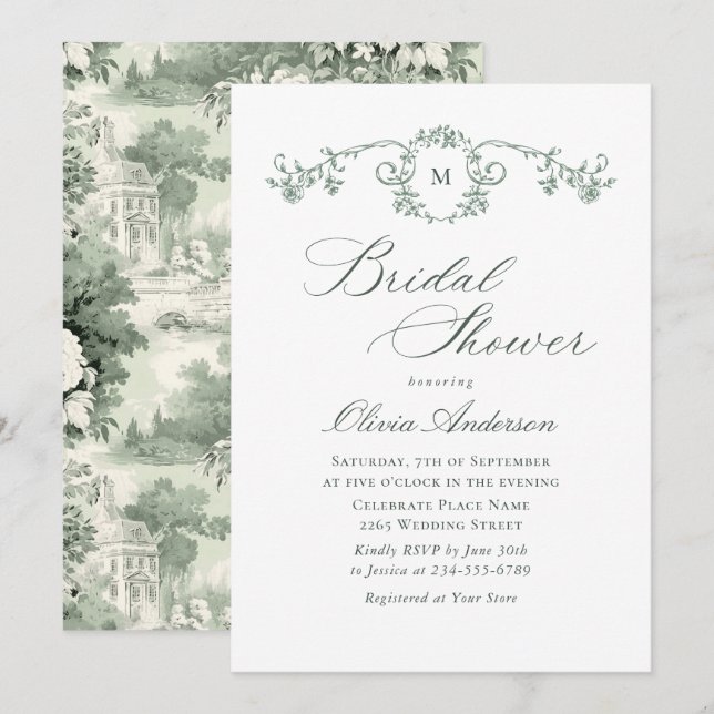 Victorian Ornate Grace Sage Green BRIDAL SHOWER Invitation (Front/Back)
