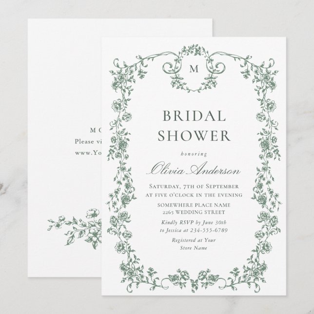 Victorian Ornate Grace Sage Green BRIDAL SHOWER Invitation (Front/Back)