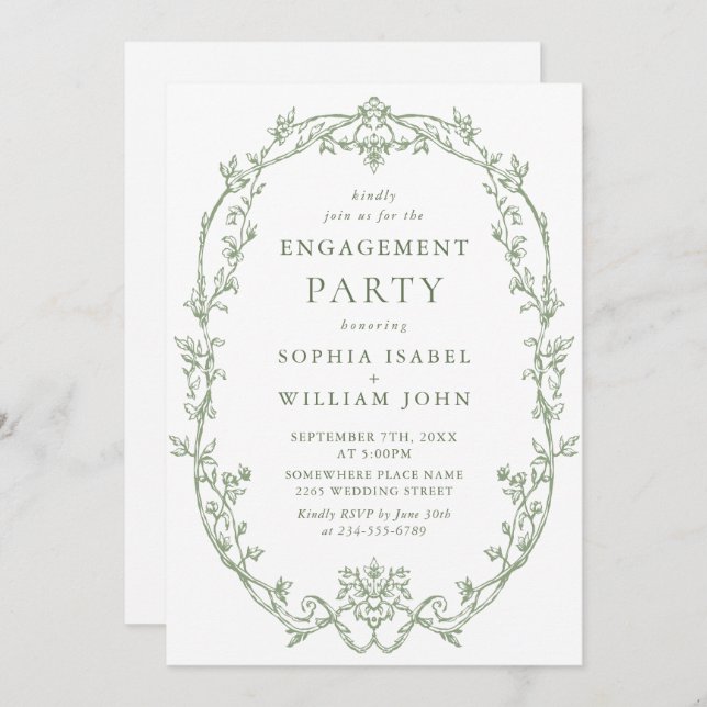 Victorian Ornate Grace Sage Green ENGAGEMENT PARTY Invitation (Front/Back)