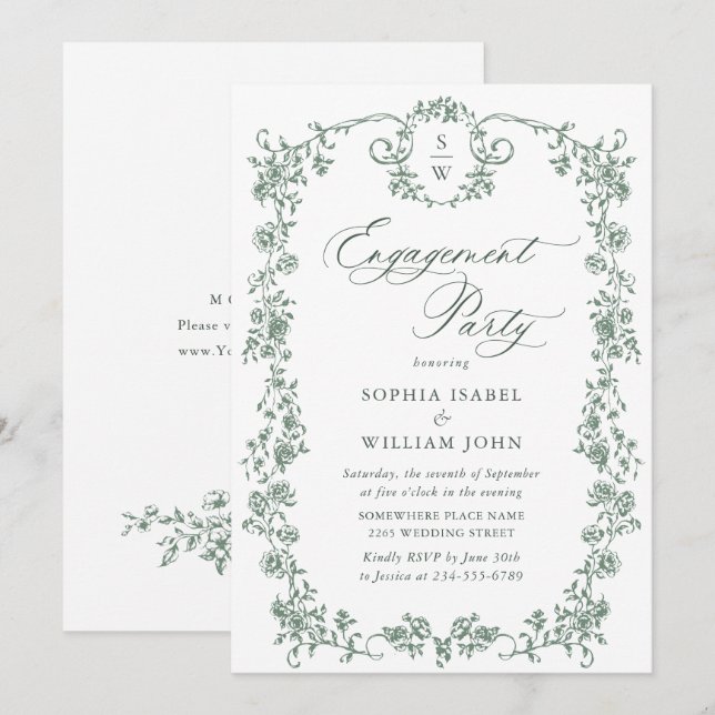 Victorian Ornate Grace Sage Green ENGAGEMENT PARTY Invitation (Front/Back)