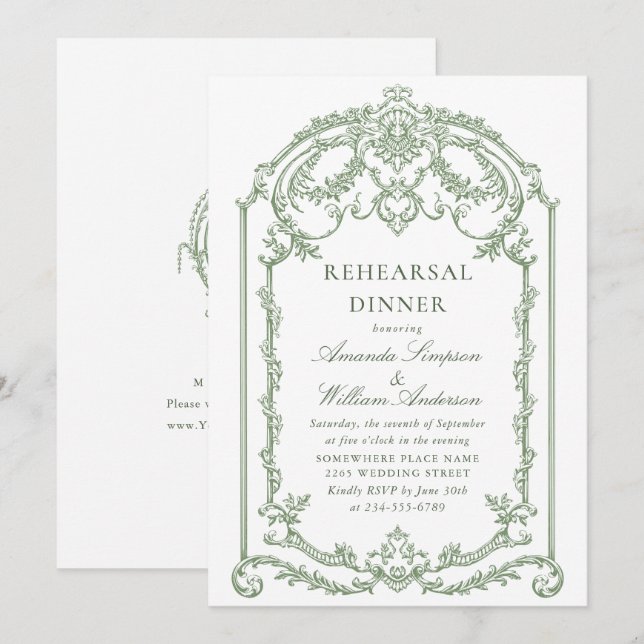 Victorian Ornate Grace Sage Green Rehearsal Dinner Invitation (Front/Back)