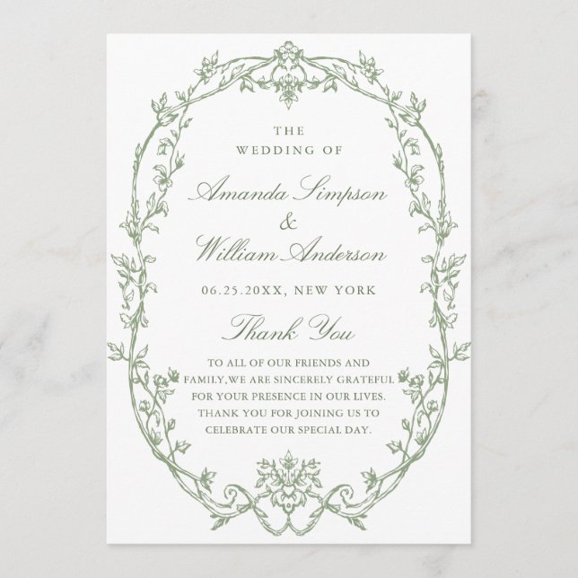 Victorian Ornate Grace Sage Green Wedding Ceremony Programme (Front)