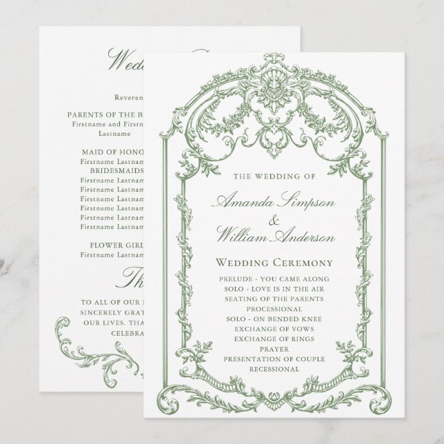 Victorian Ornate Grace Sage Green Wedding Ceremony Programme (Front/Back)