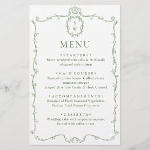 Victorian Ornate Grace Sage Green Wedding Menu