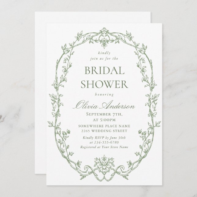 Victorian Ornate Sage Green Bridal Shower QR code Invitation (Front/Back)