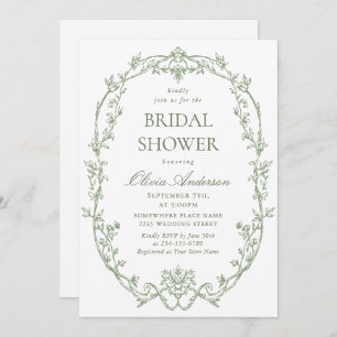 Victorian Ornate Sage Green Bridal Shower QR code Invitation