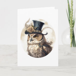 Victorian Owl Aristocrat Portrait Dark Hat Flowers Card
