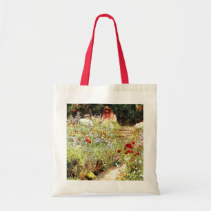 Victorian Painting of Girl in Flower Garden Tote Bag