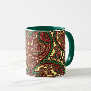 Victorian paisley boho jewel pattern red green mug