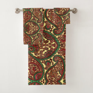 Victorian paisley pattern elegant red green gold bath towel set