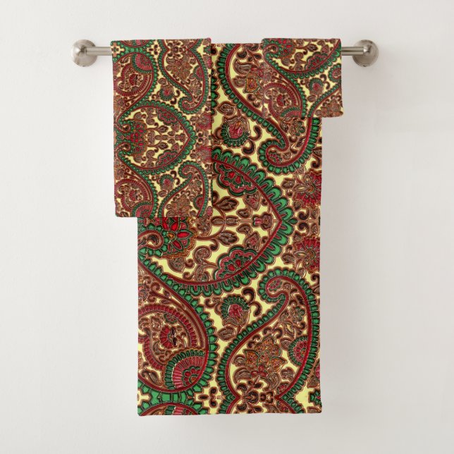 Victorian paisley pattern elegant red green gold bath towel set (Insitu)