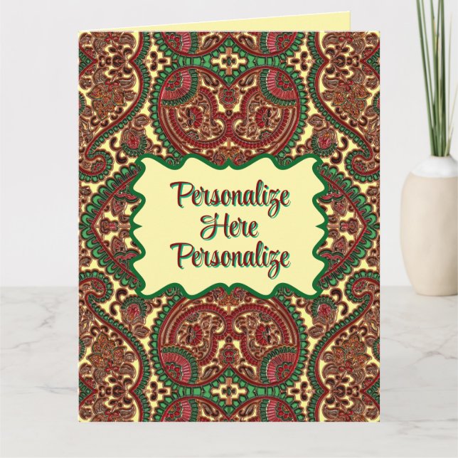 Victorian paisley pattern elegant red green gold card (Front)