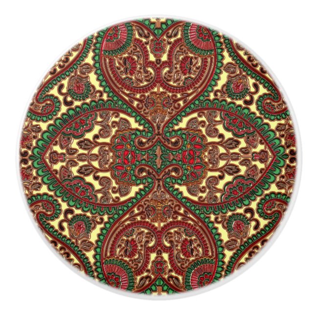 Victorian paisley pattern elegant red green gold ceramic knob (Front)
