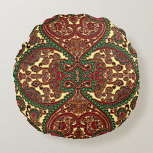 Victorian paisley pattern elegant red green gold round cushion