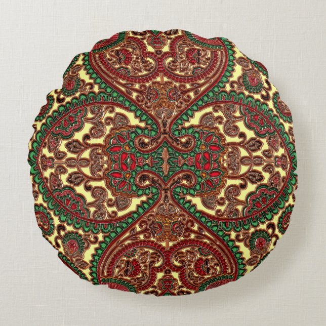 Victorian paisley pattern elegant red green gold round cushion (Front)