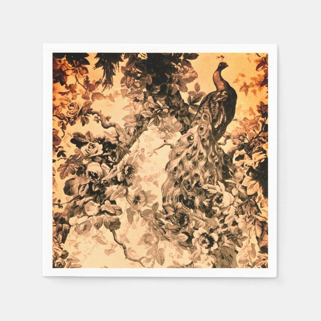 Victorian peacock floral toile elegant peach blacc napkin (Front)