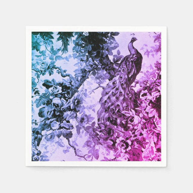 Victorian peacock floral toile elegant purple blac napkin (Front)