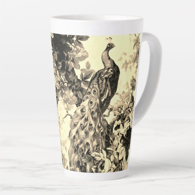 Victorian peacock floral toile pattern gold blac latte mug (Right Angle)