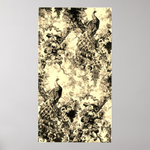 Victorian peacock floral toile pattern gold black  poster
