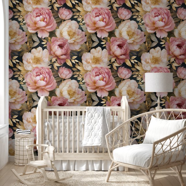Victorian Peony Pink White Floral Outlined in Gold Wallpaper (Kids)