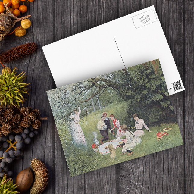 Victorian Picnic Postcard (Victorian family picnic with dog in the woods on postcard.)