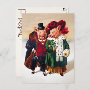 Victorian Pig Couple Postcard