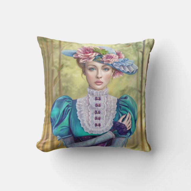 Victorian pillow, beautiful woman wearing a hat cushion (Front)