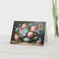 Victorian Pink, Blue Flowers in Vase Still Life 