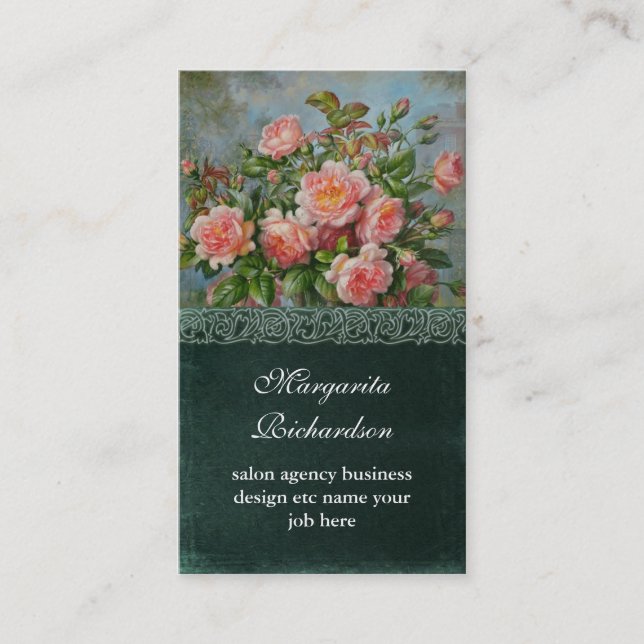 victorian pink damask roses blue business cards (Front)