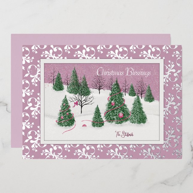 Victorian Pink Enchanted Forest Foil Holiday Card (Front/Back)