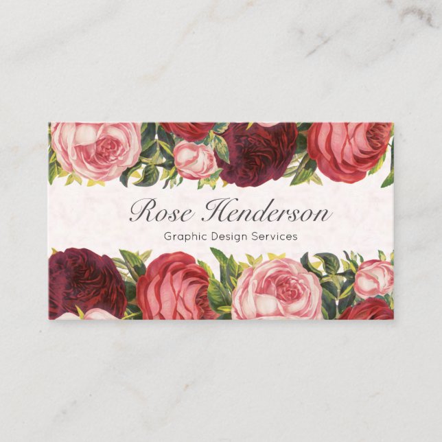 Victorian Pink Red Burgandy Cabbage Roses Business Card (Front)