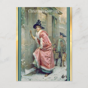 Victorian Pink Robed Woman Visitor Christmas  Holiday Postcard