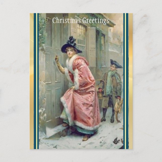 Victorian Pink Robed Woman Visitor Christmas  Holiday Postcard (Front)