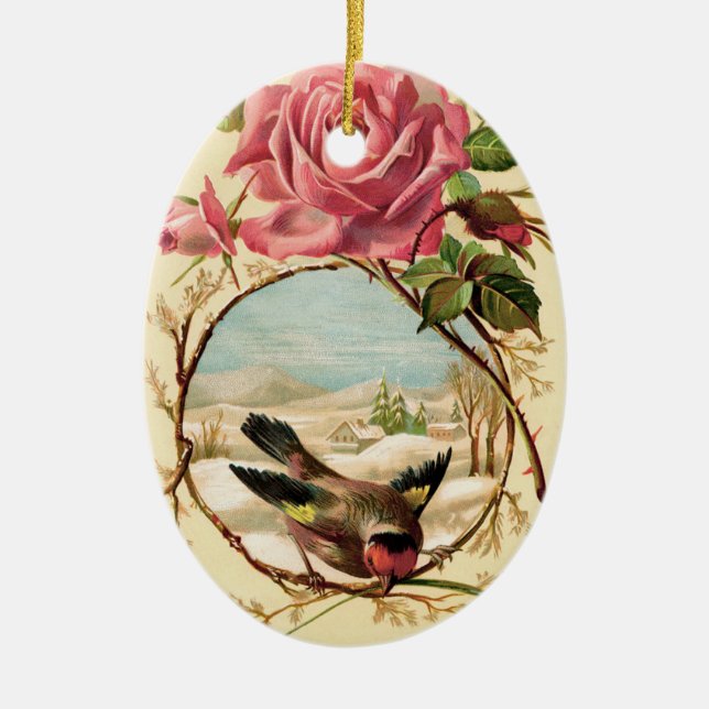 Victorian Pink Rose and Bird Oval Ornament (Front)