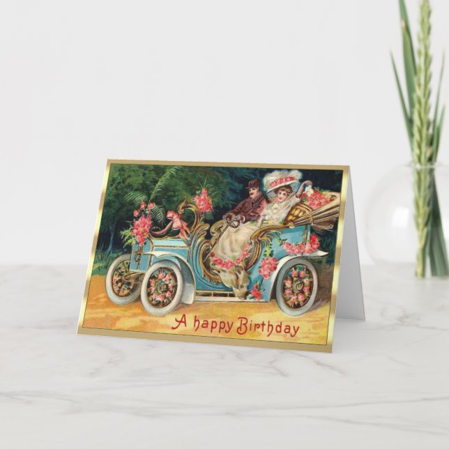 Victorian Pink Roses Couple in Car Birthday Card (Front)