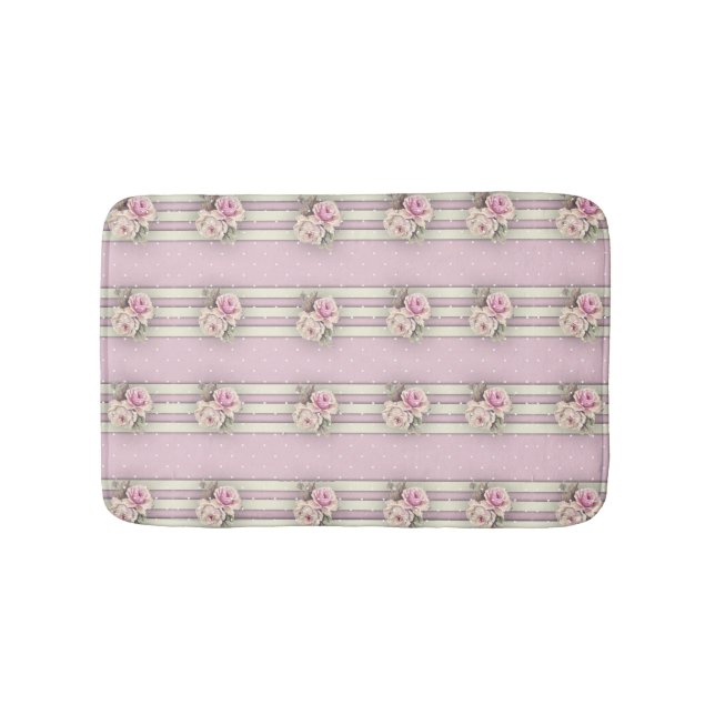 Victorian Pink Roses White Ecru Dots & Borders Bath Mat (Front)