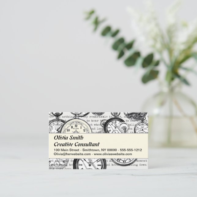 Victorian Pocket Watch Collage Alice in Wonderland Business Card (Standing Front)