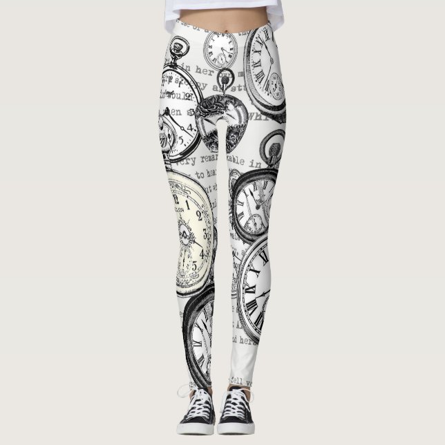 Victorian Pocket Watch Collage Alice in Wonderland Leggings (Front)
