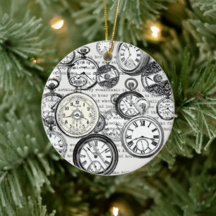 Victorian Pocket Watch Collage Alice Wonderland Ceramic Tree Decoration