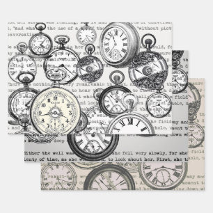 Victorian Pocket Watch Collage Alice Wonderland Wrapping Paper Sheet