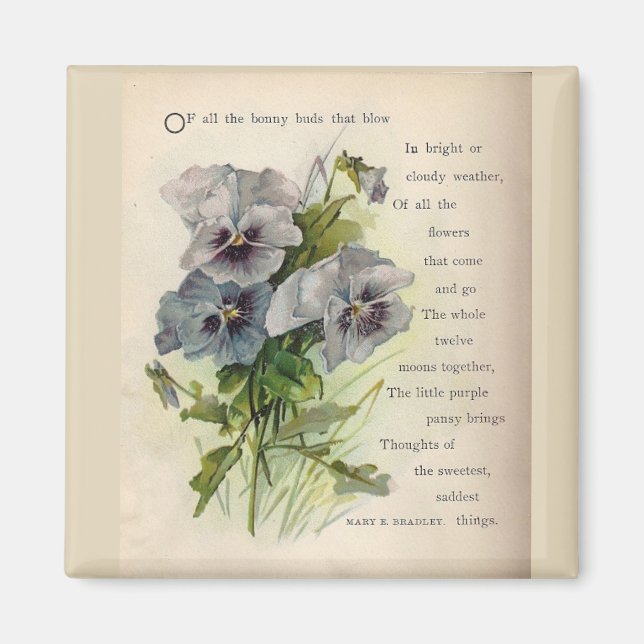 Victorian Poem Grey Purple Pansies Magnet (Front)
