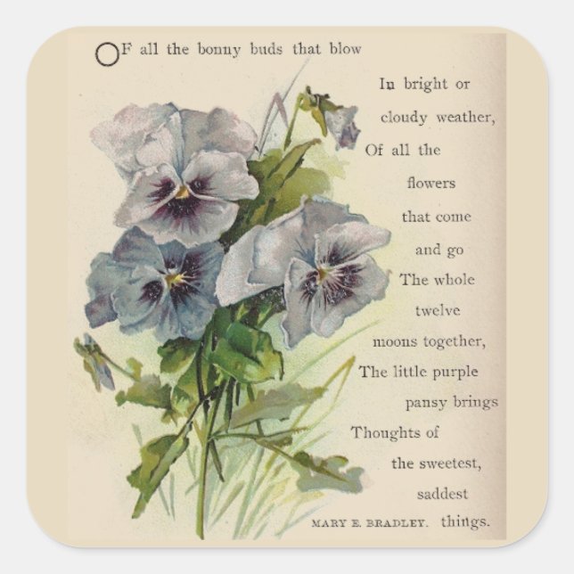 Victorian Poem Grey Purple Pansies Stickers (Front)